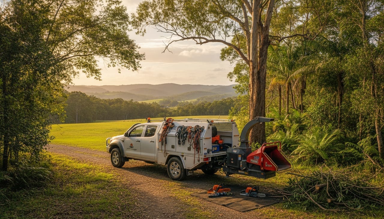 Melville Arborist work truck and wood chipper on site in the Melville